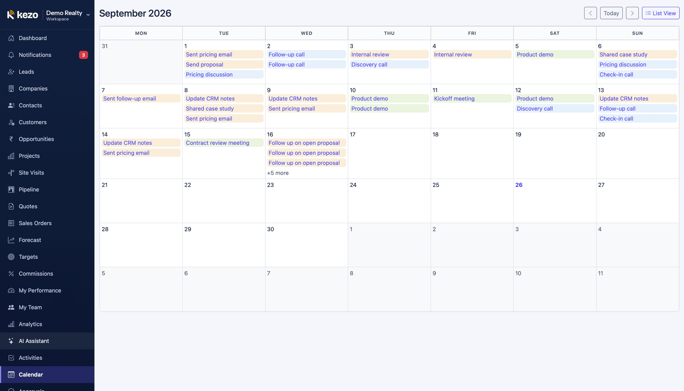 Activity calendar with calls, meetings, demos and follow-ups