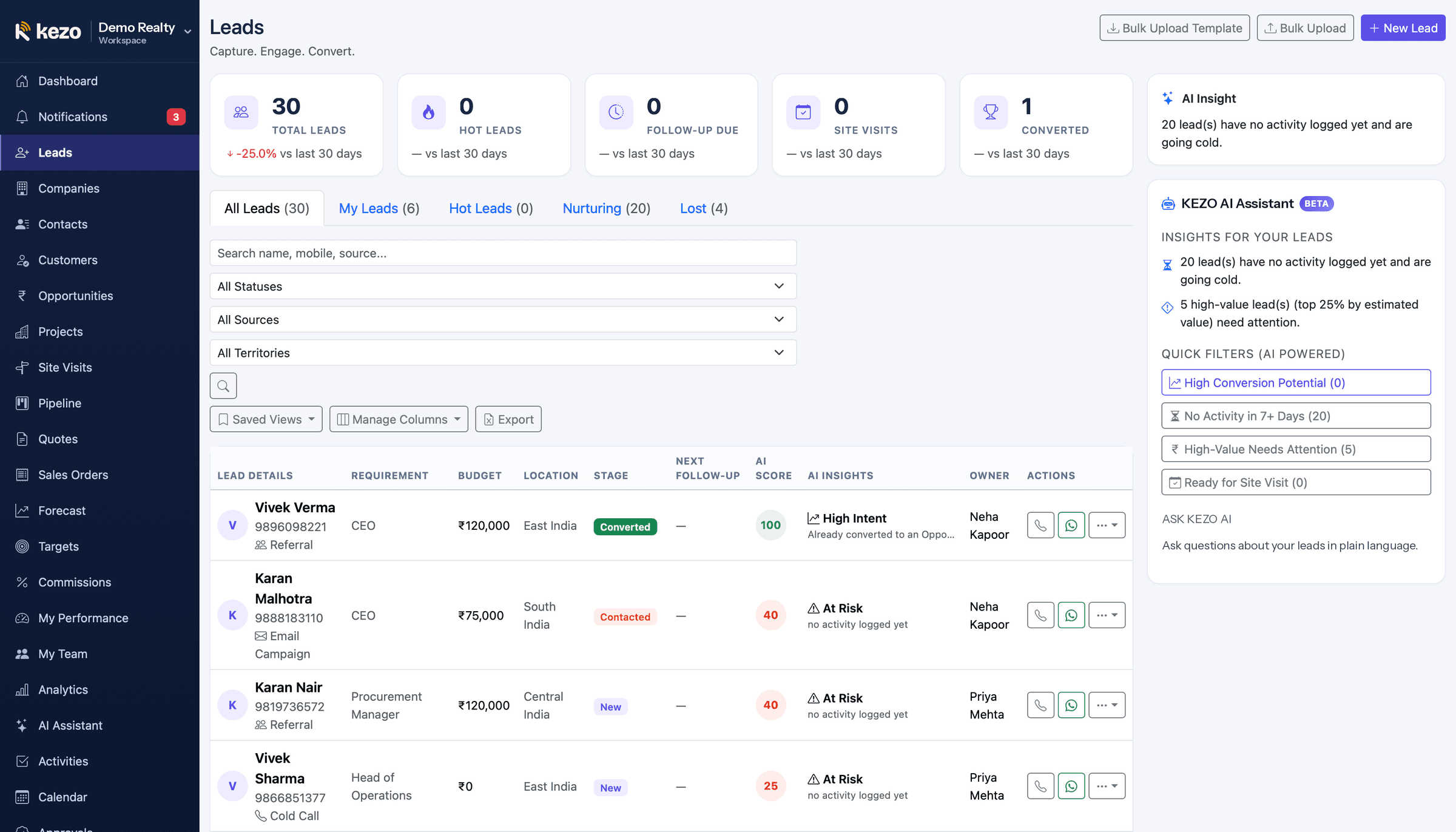 KEZO CRM lead list with AI scores, insights and quick filters
